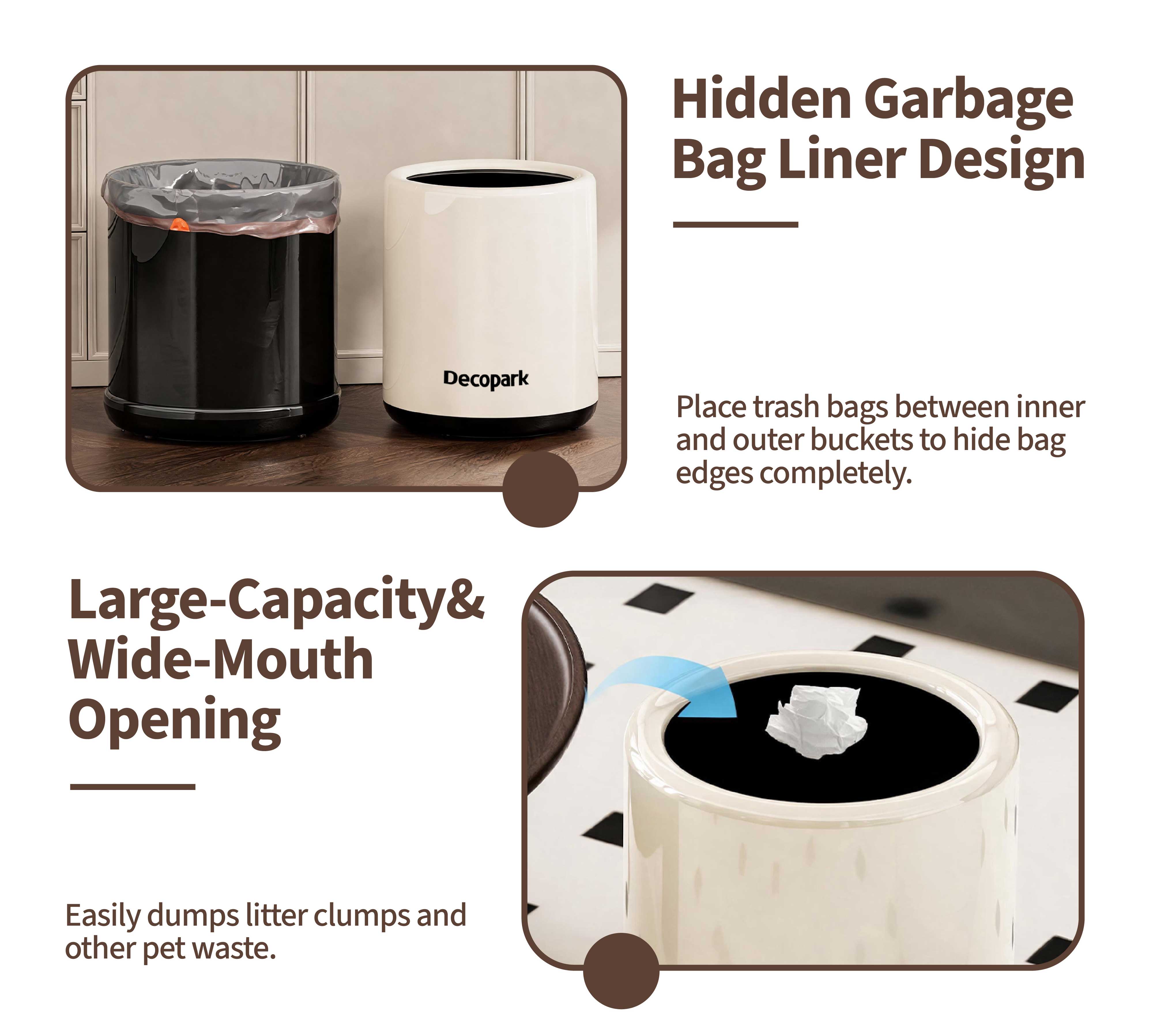 Hidden Garbage Bag Liner Design & Large-Capacity Wide-Mouth Opening